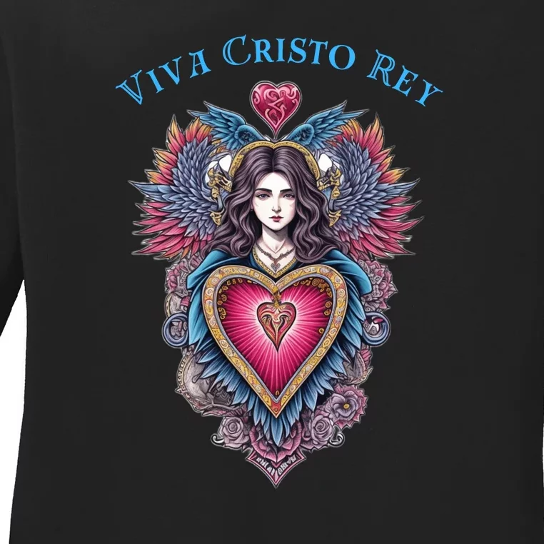 Viva Cristo Rey Sacred Heart Roman Catholic Ladies Long Sleeve Shirt