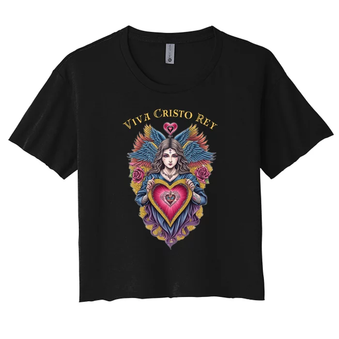 Viva Cristo Rey Sacred Heart Roman Catholic Women's Crop Top Tee