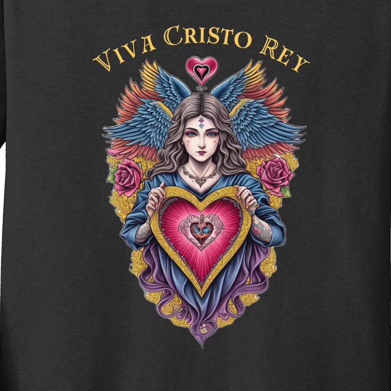 Viva Cristo Rey Sacred Heart Roman Catholic Kids Long Sleeve Shirt