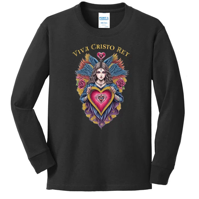 Viva Cristo Rey Sacred Heart Roman Catholic Kids Long Sleeve Shirt