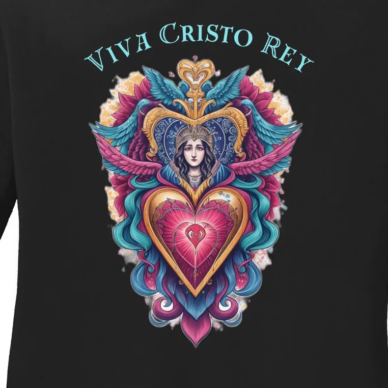 Viva Cristo Rey Sacred Heart Roman Catholic Ladies Long Sleeve Shirt