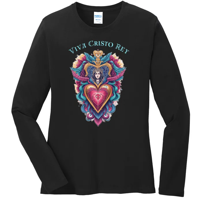 Viva Cristo Rey Sacred Heart Roman Catholic Ladies Long Sleeve Shirt