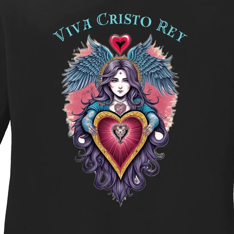 Viva Cristo Rey Sacred Heart Roman Catholic Ladies Long Sleeve Shirt