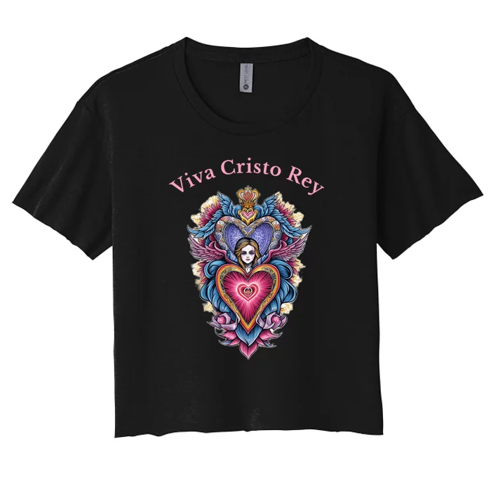 Viva Cristo Rey Sacred Heart Roman Catholic Women's Crop Top Tee