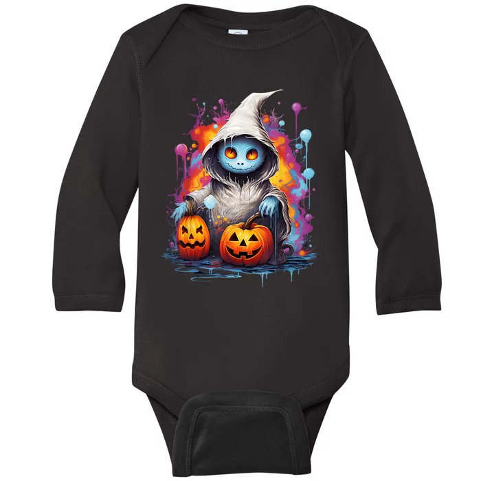 Vintage Costume Retro Scary Halloween Ghost And Pumpkins Baby Long Sleeve Bodysuit