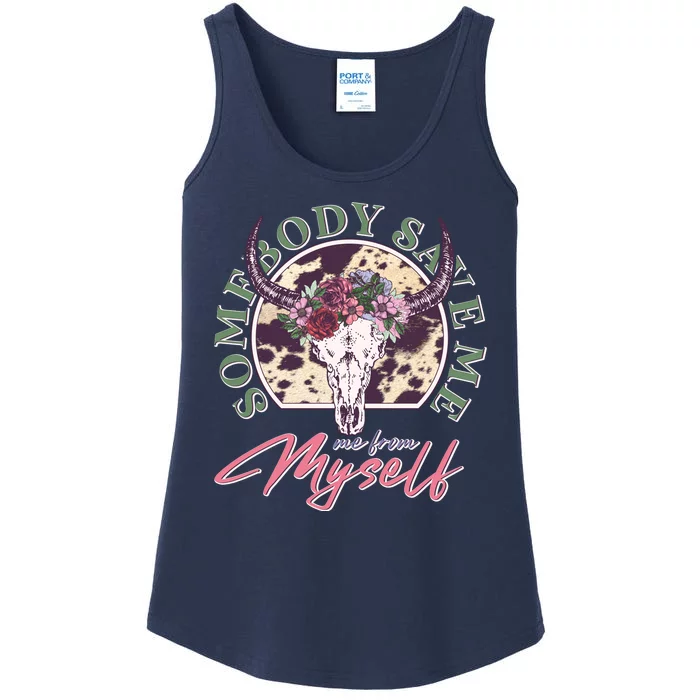 Vintage Cow Skull Somebody Save Me Me From Myself Ladies Essential Tank