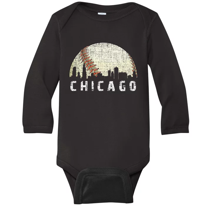 Vintage Chicago Skyline City Baseball Met At Gameday Baby Long Sleeve Bodysuit