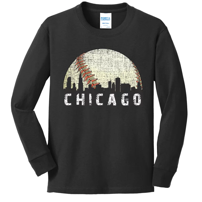 Vintage Chicago Skyline City Baseball Met At Gameday Kids Long Sleeve Shirt