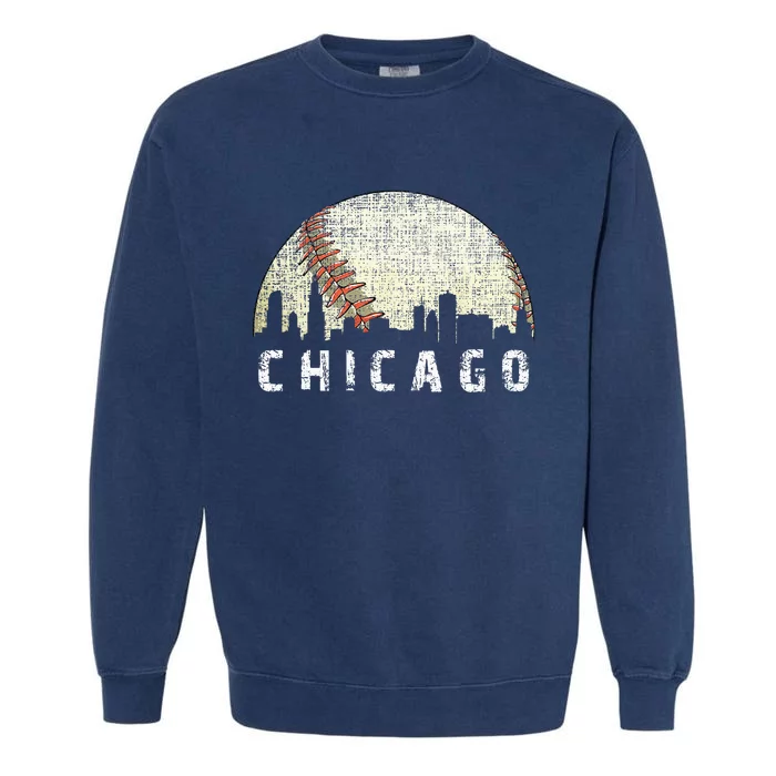 Vintage Chicago Skyline City Baseball Met At Gameday Garment-Dyed Sweatshirt