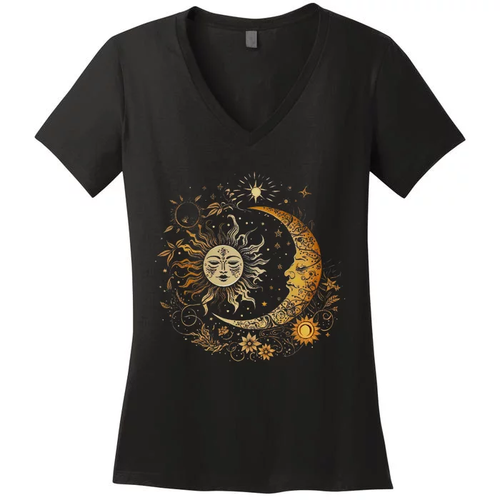 Vintage Celestial Sun Moon Flower Astrology Moon Phases Women's V-Neck T-Shirt