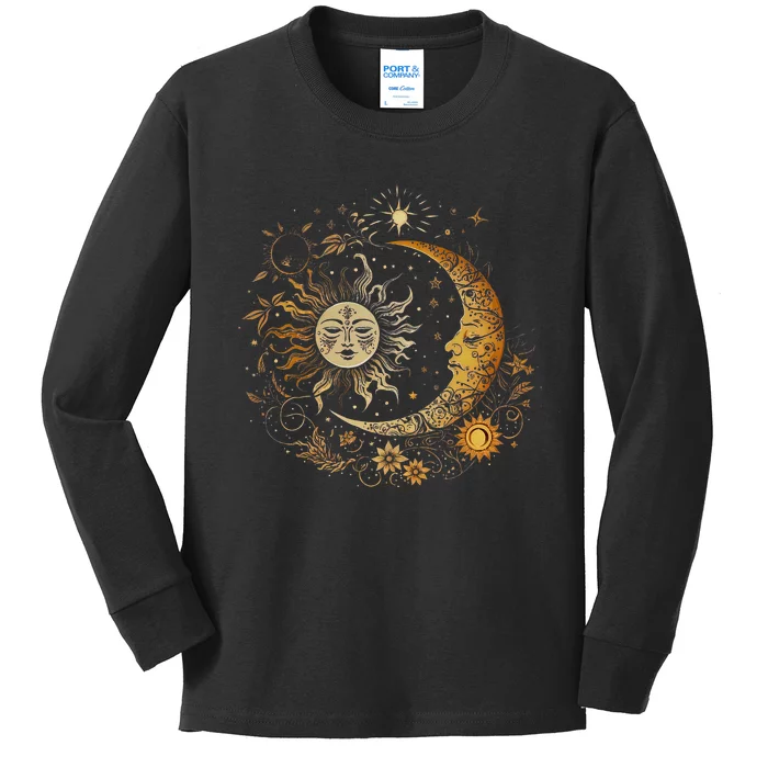 Vintage Celestial Sun Moon Flower Astrology Moon Phases Kids Long Sleeve Shirt