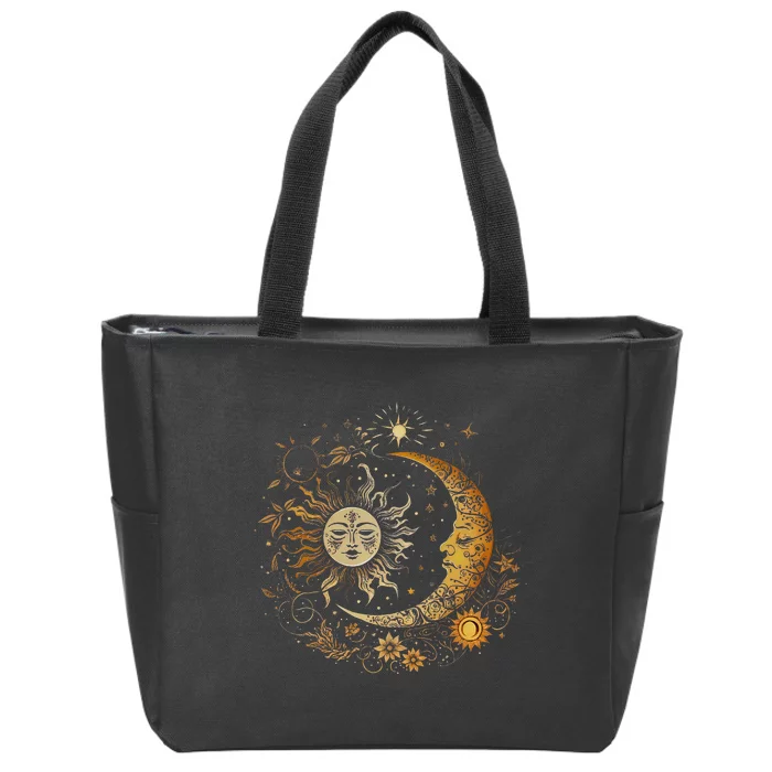 Vintage Celestial Sun Moon Flower Astrology Moon Phases Zip Tote Bag