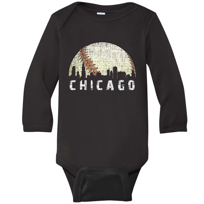 Vintage Chicago Skyline City Baseball Baby Long Sleeve Bodysuit