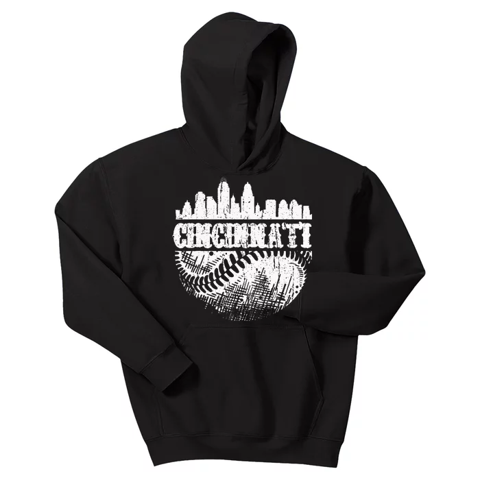 Vintage Cincinnati Skyline City Baseball Met At Gameday Kids Hoodie