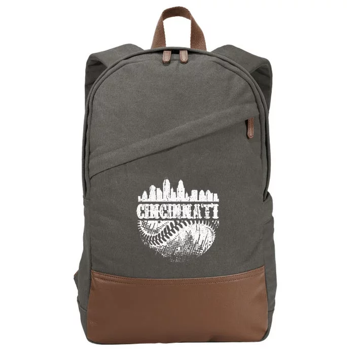 Vintage Cincinnati Skyline City Baseball Met At Gameday Cotton Canvas Backpack