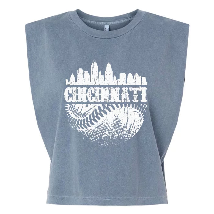 Vintage Cincinnati Skyline City Baseball Met At Gameday Garment-Dyed Women's Muscle Tee