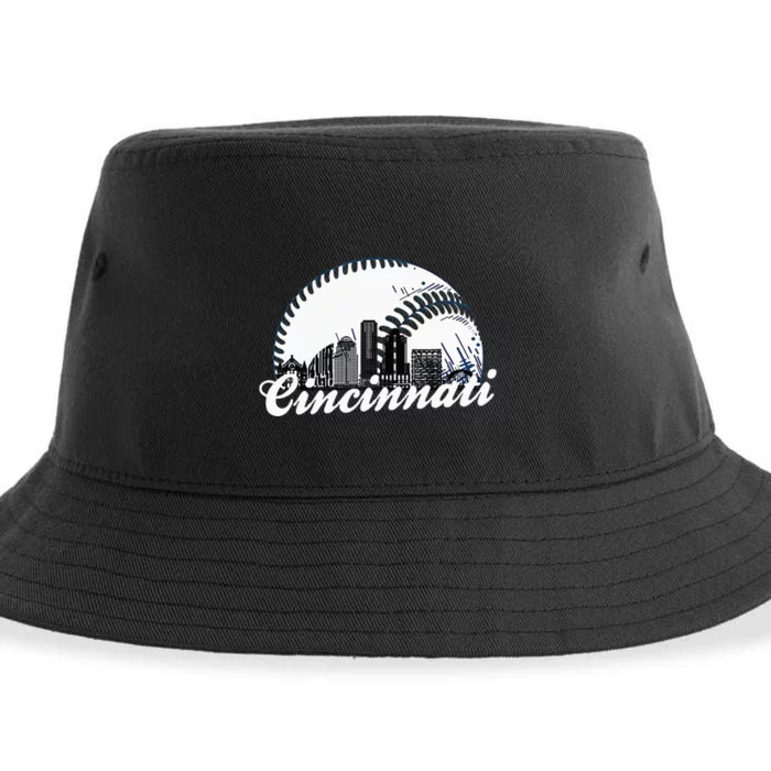 Vintage Cincinnati Skyline City Baseball Met At Gameday Sustainable Bucket Hat