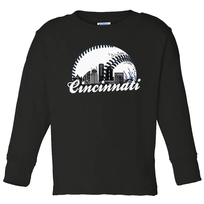 Vintage Cincinnati Skyline City Baseball Met At Gameday Toddler Long Sleeve Shirt