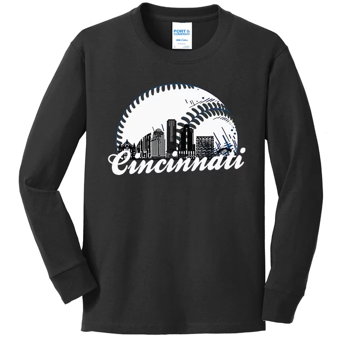 Vintage Cincinnati Skyline City Baseball Met At Gameday Kids Long Sleeve Shirt