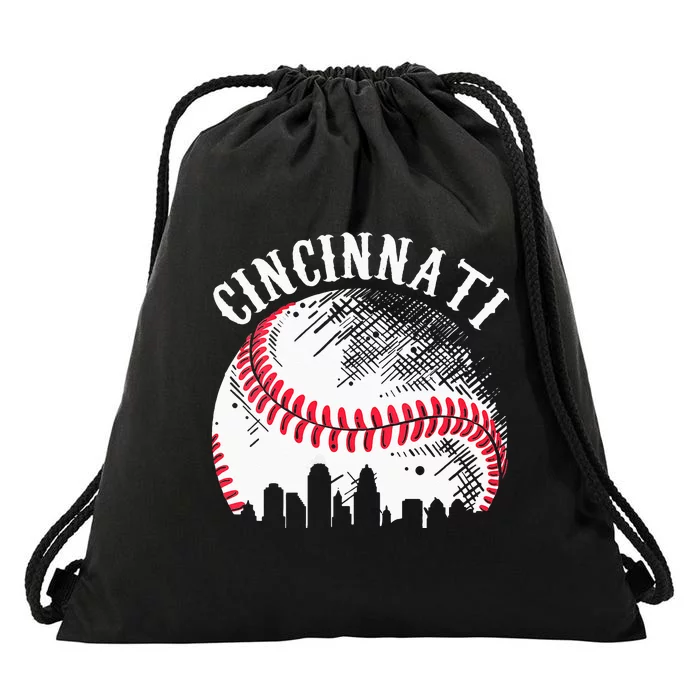 Vintage Cincinnati Skyline City Baseball Tee Met At Gameday Drawstring Bag