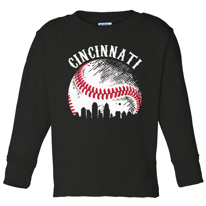 Vintage Cincinnati Skyline City Baseball Tee Met At Gameday Toddler Long Sleeve Shirt