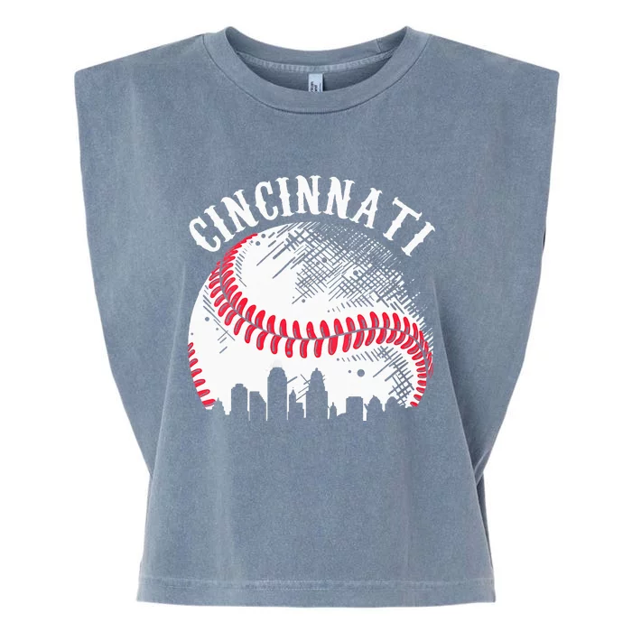 Vintage Cincinnati Skyline City Baseball Tee Met At Gameday Garment-Dyed Women's Muscle Tee