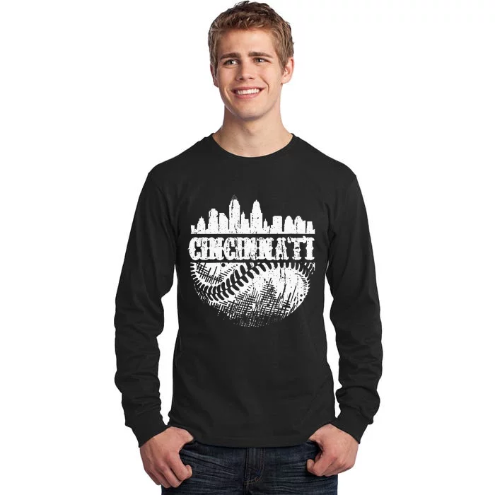 Vintage Cincinnati Skyline City Baseball Met At Gameday Tall Long Sleeve T-Shirt