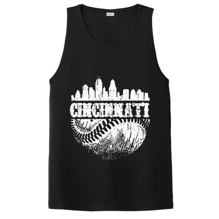 Vintage Cincinnati Skyline City Baseball Met At Gameday Performance Tank