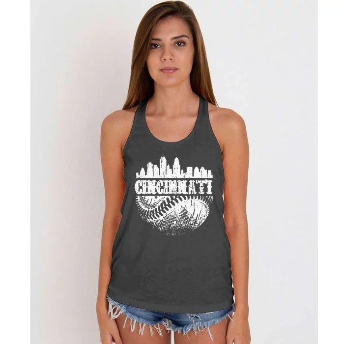 Vintage Cincinnati Skyline City Baseball Met At Gameday Women's Knotted Racerback Tank