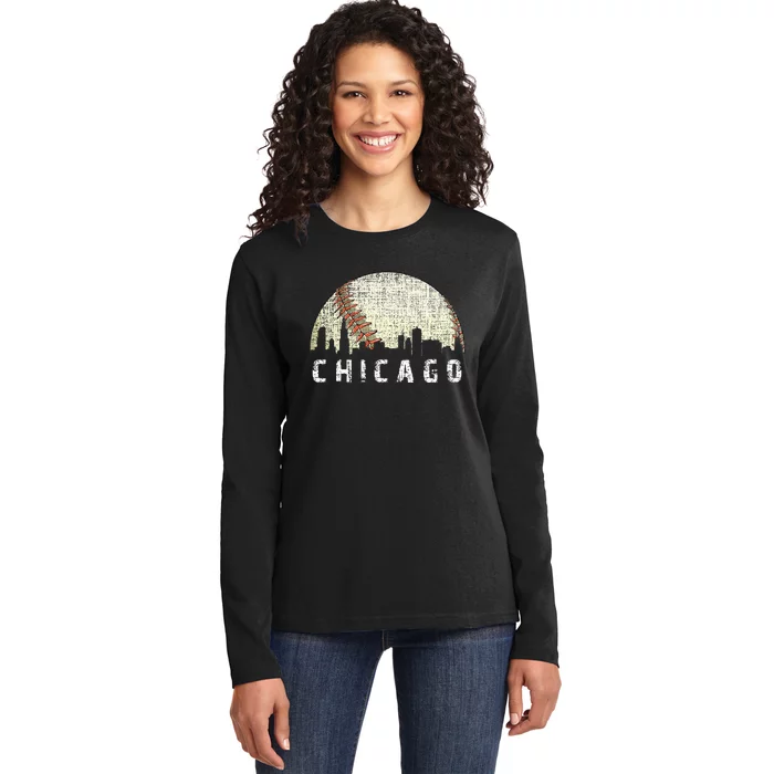 Vintage Chicago Skyline City Baseball Ladies Long Sleeve Shirt