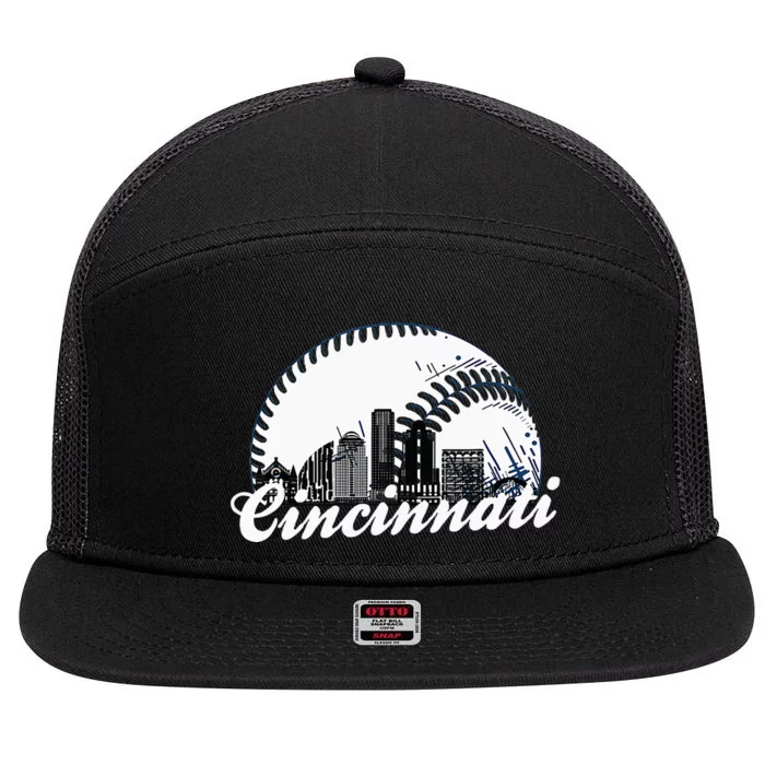 Vintage Cincinnati Skyline City Baseball Met At Gameday 7 Panel Mesh Trucker Snapback Hat