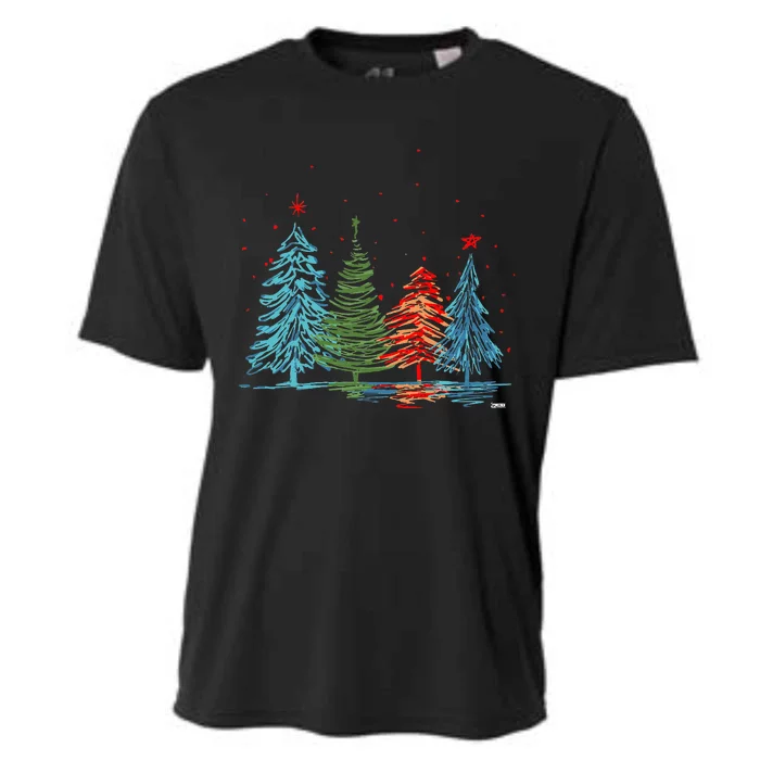 Vintage Christmas Trees Hand Drawing Christmas Trees Cooling Performance Crew T-Shirt