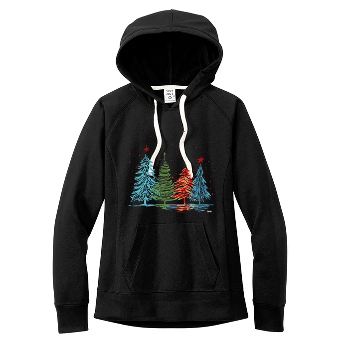 Vintage Christmas Trees Hand Drawing Christmas Trees Women's Fleece Hoodie