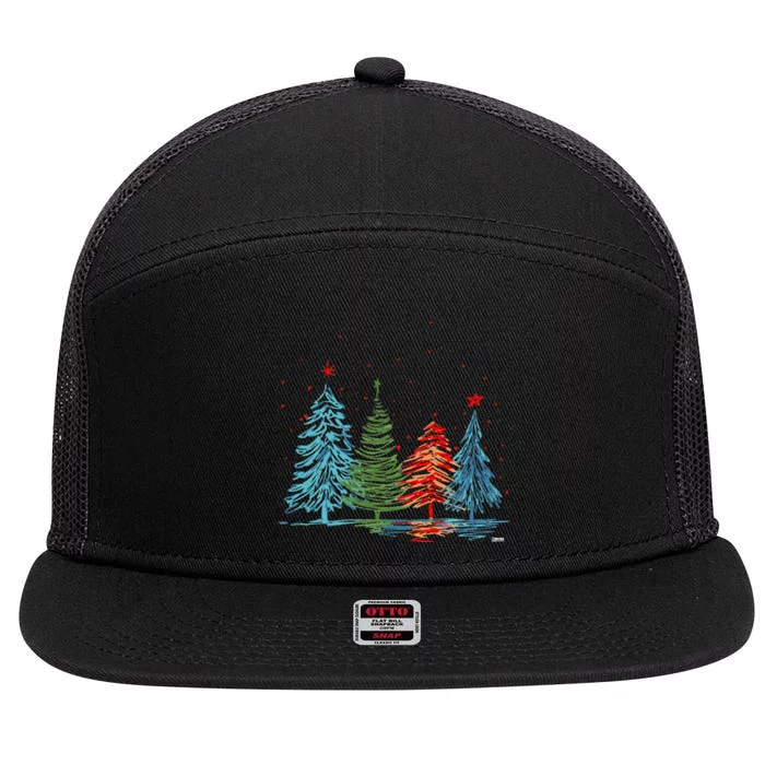 Vintage Christmas Trees Hand Drawing Christmas Trees 7 Panel Mesh Trucker Snapback Hat