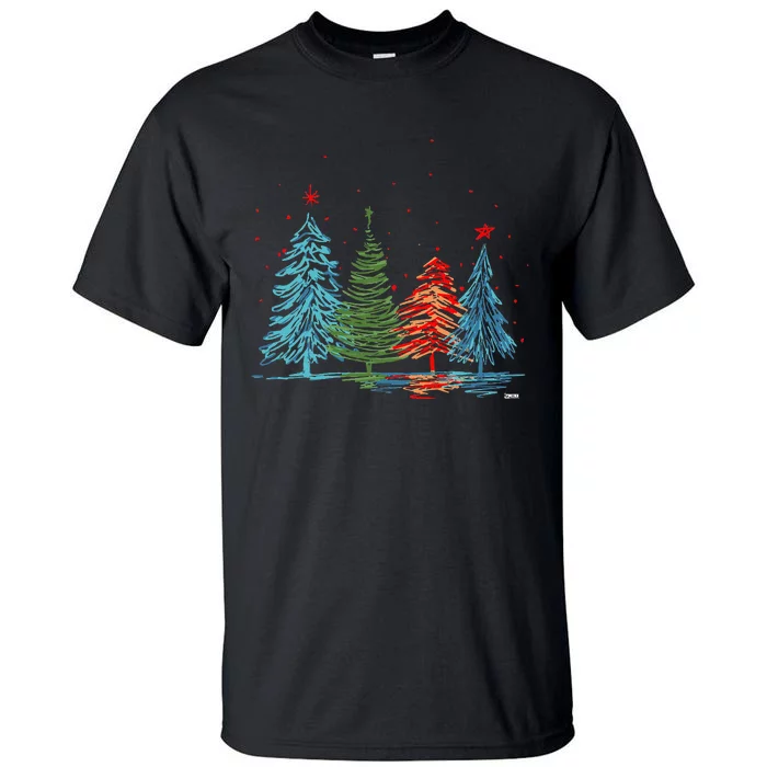 Vintage Christmas Trees Hand Drawing Christmas Trees Tall T-Shirt