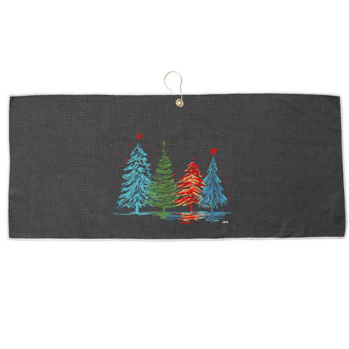 Vintage Christmas Trees Hand Drawing Christmas Trees Large Microfiber Waffle Golf Towel