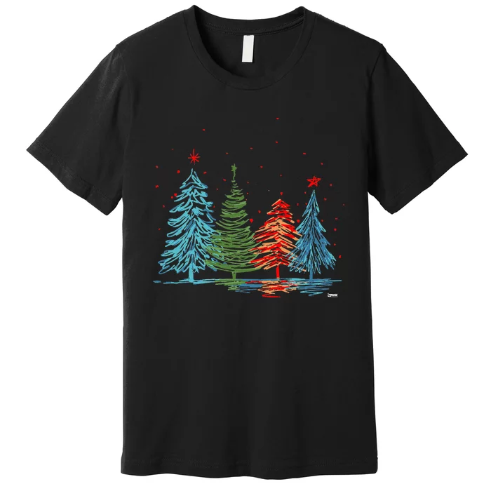 Vintage Christmas Trees Hand Drawing Christmas Trees Premium T-Shirt