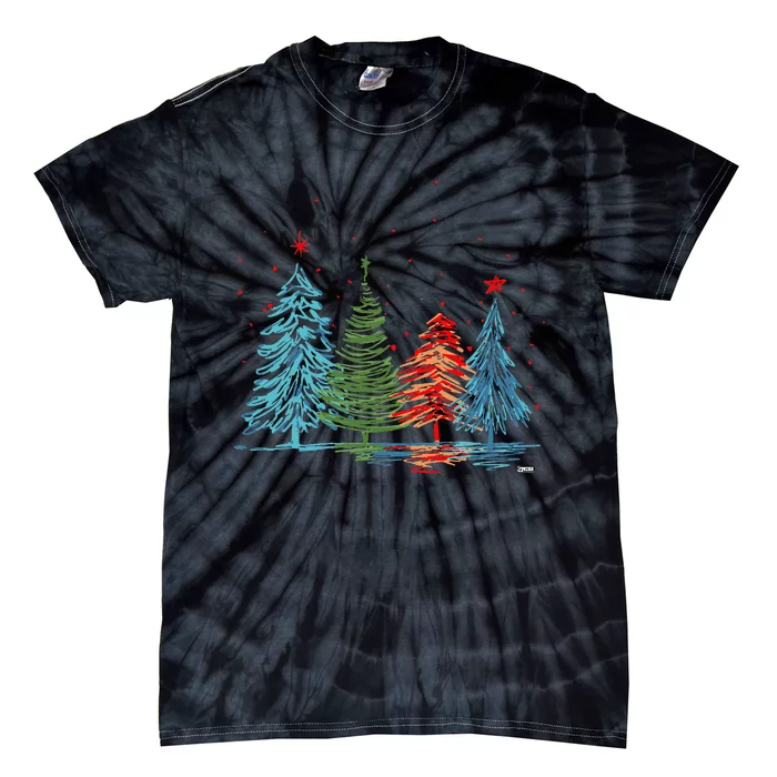 Vintage Christmas Trees Hand Drawing Christmas Trees Tie-Dye T-Shirt