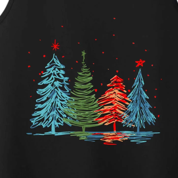 Vintage Christmas Trees Hand Drawing Christmas Trees Performance Tank