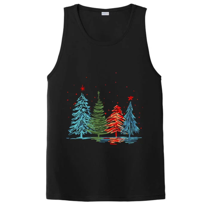 Vintage Christmas Trees Hand Drawing Christmas Trees Performance Tank