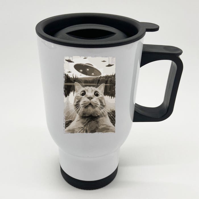 Vintage Cat Ufo Encounters Funny Ufo And Cat Selfie Front & Back Stainless Steel Travel Mug