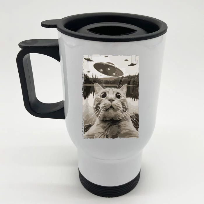 Vintage Cat Ufo Encounters Funny Ufo And Cat Selfie Front & Back Stainless Steel Travel Mug