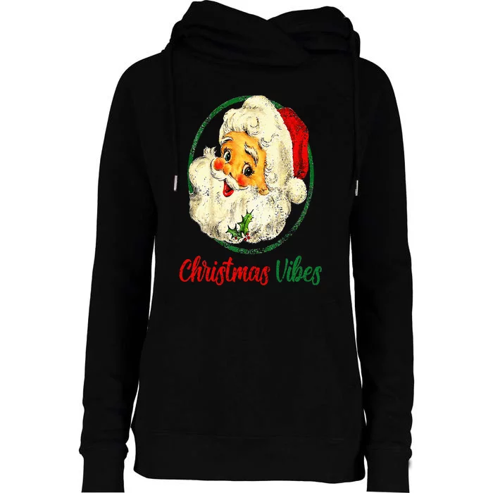 Vintage Christmas Vibes Santa Claus Face Old Fashioned Womens Funnel Neck Pullover Hood