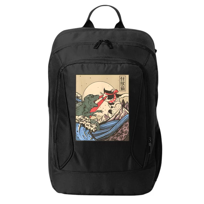 Vintage Cat Vs Monster Retro Japanese Great Wave Otaku Manga City Backpack