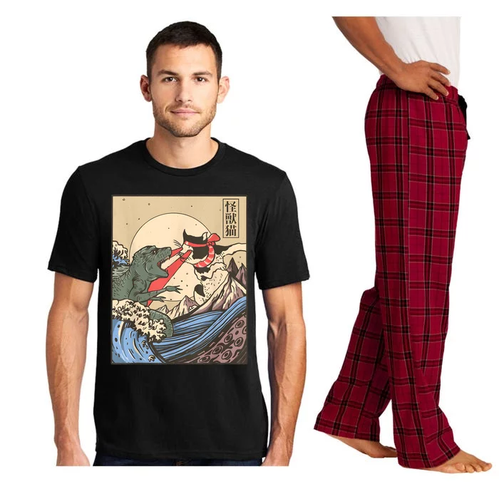 Vintage Cat Vs Monster Retro Japanese Great Wave Otaku Manga Pajama Set