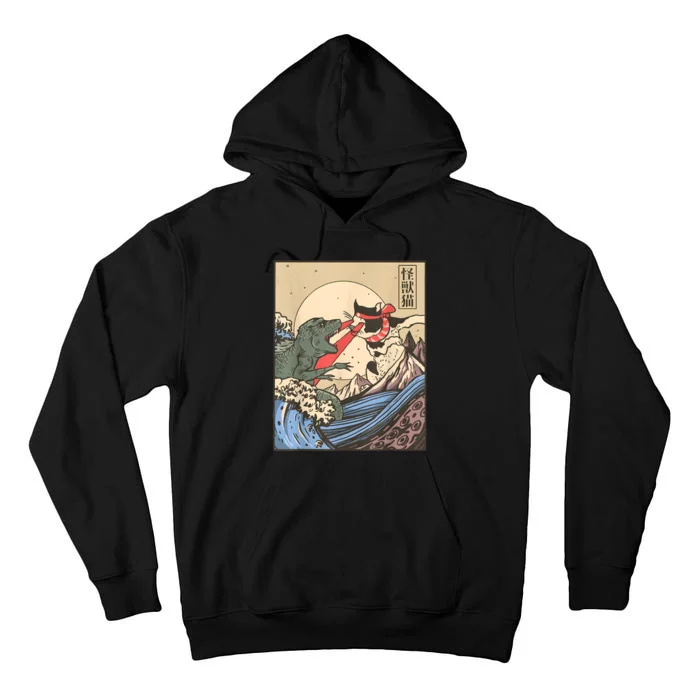 Vintage Cat Vs Monster Retro Japanese Great Wave Otaku Manga Tall Hoodie