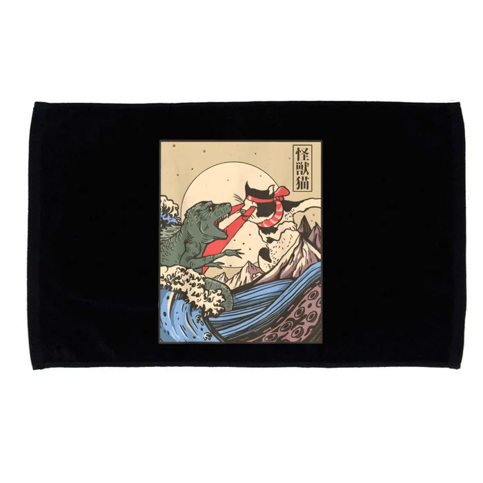 Vintage Cat Vs Monster Retro Japanese Great Wave Otaku Manga Microfiber Hand Towel