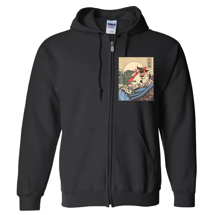 Vintage Cat Vs Monster Retro Japanese Great Wave Otaku Manga Full Zip Hoodie