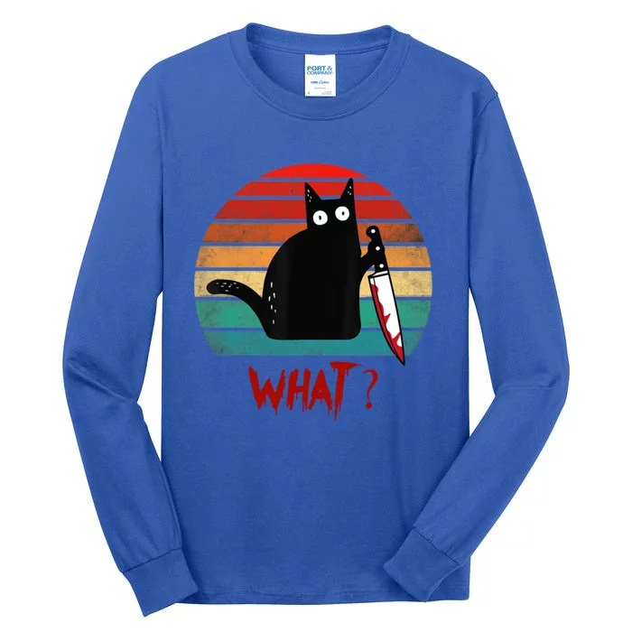 Vintage Cat What? Funny Black Cat Murderous Cat With Knife Gift Tall Long Sleeve T-Shirt