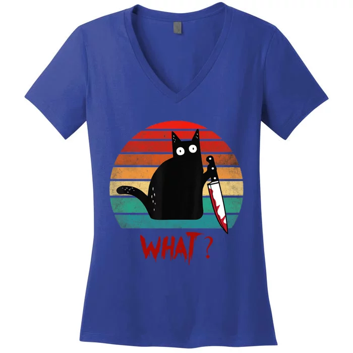 Vintage Cat What? Funny Black Cat Murderous Cat With Knife Gift Women's V-Neck T-Shirt